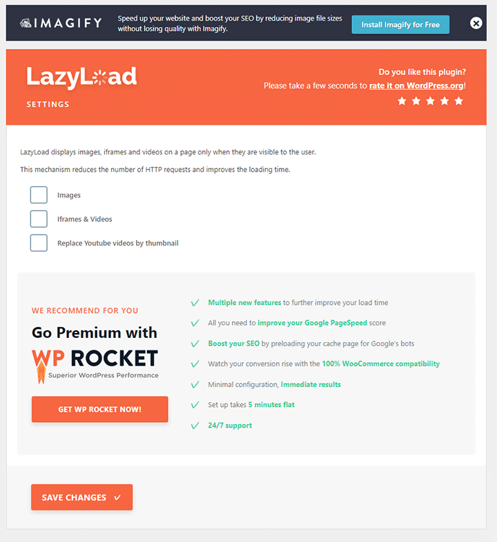 「Lazy Load by WP Rocket」の設定画面
