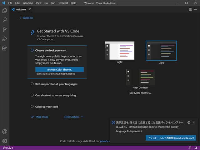 Visual Studio Codeは初期状態では英語になっている